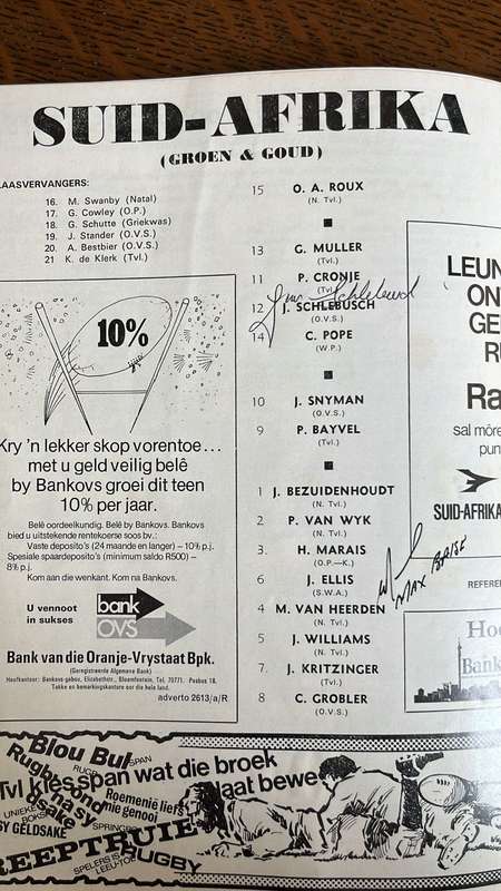 1974 South Africa vs British Isles 4th Test at Ellis Park Signed Programme, details below