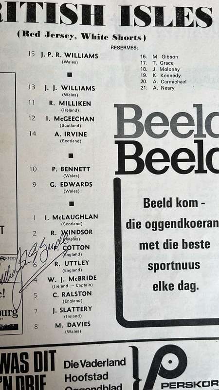 1974 South Africa vs British Isles 4th Test at Ellis Park Signed Programme, details below