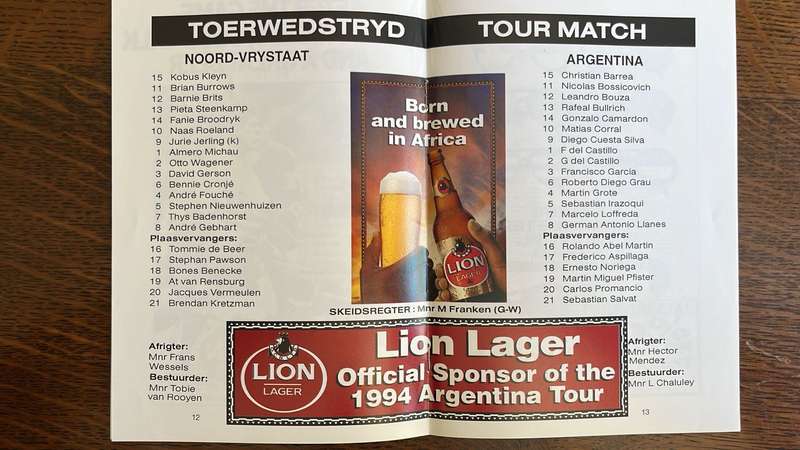 1994 Northern Free State vs Argentina Programme, details below