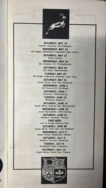 1980 British Lions Tour to South Africa Souvenir & Itinerary, details below