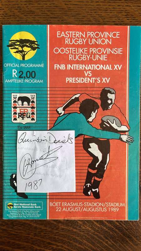 1989 FNB International XV vs Presidents XV at Boet Erasmus Programme, & Signature, details below