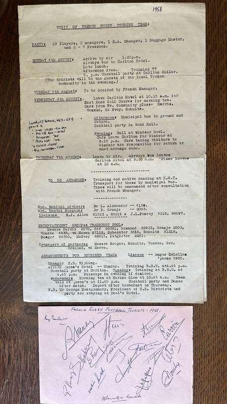1958 French Rugby Tour to South Africa Signed Ephemera, details below