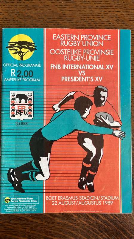 1989 FNB International XV vs Presidents XV at Boet Erasmus Programme, & Signature, details below