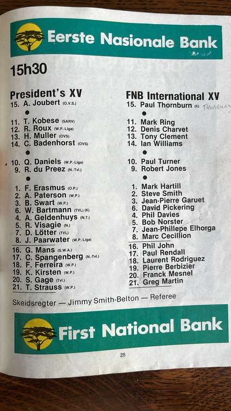 1989 FNB International XV vs Presidents XV at Boet Erasmus Programme, & Signature, details below