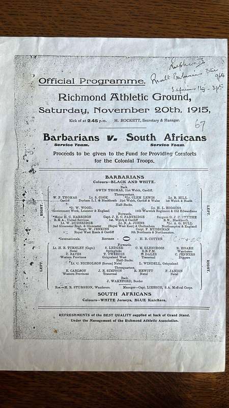 1915 Barbarians vs South Africa Programme, Copy, details below