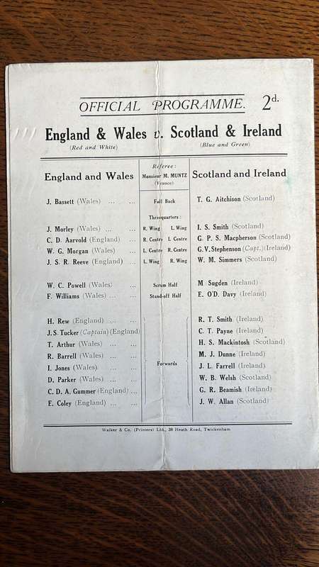 1929 England & Wales vs Scotland & Ireland Programme, details below