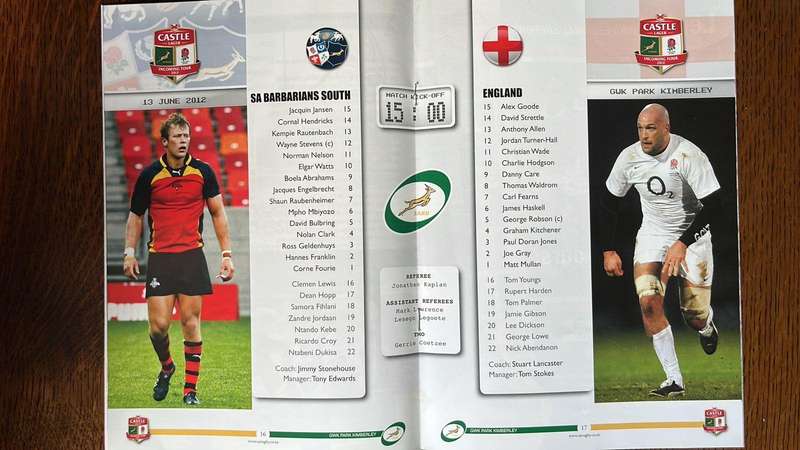 2012 SA Barbarians South vs England in Kimberley Programme, details below