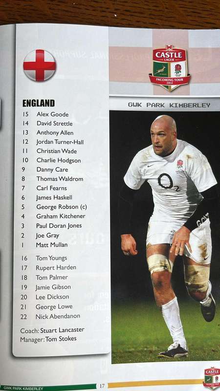 2012 SA Barbarians South vs England in Kimberley Programme, details below
