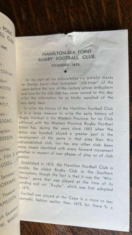1949 Hamilton Rugby Football Club Condensed History Booklet, details below