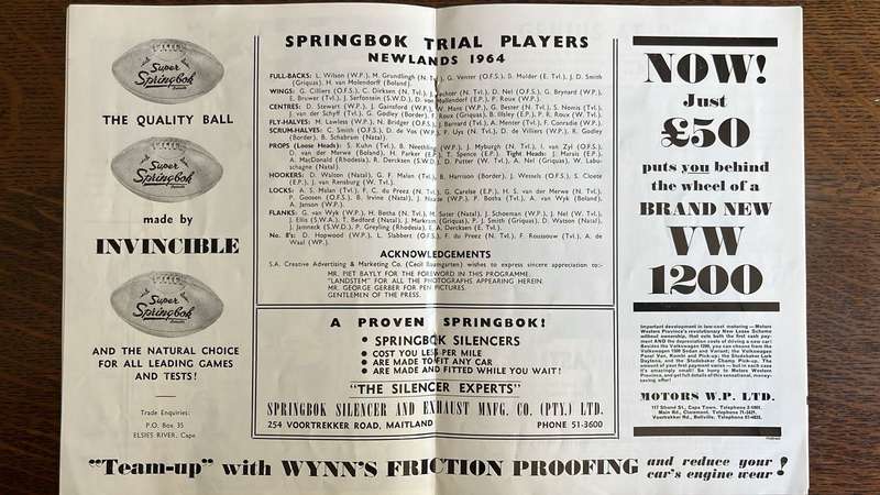 1964 Springbok Trials Programme, details below