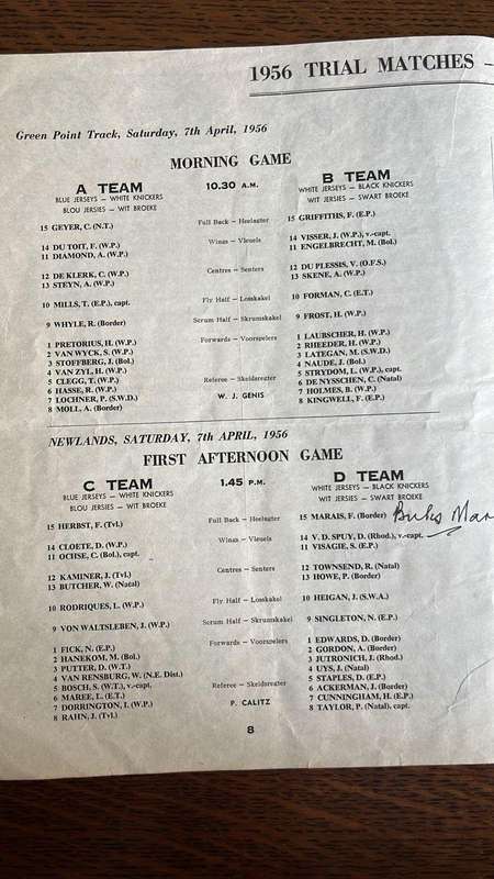1956 Springbok Rugby Trial at Newlands Signed Programme, details below