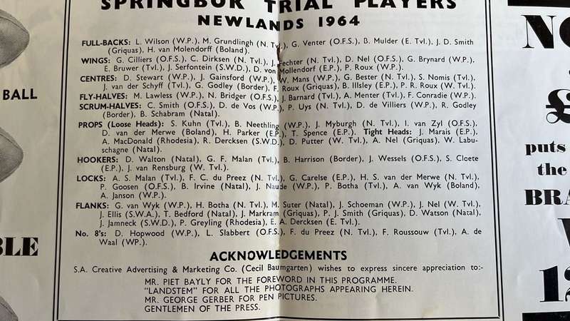 1964 Springbok Trials Programme, details below
