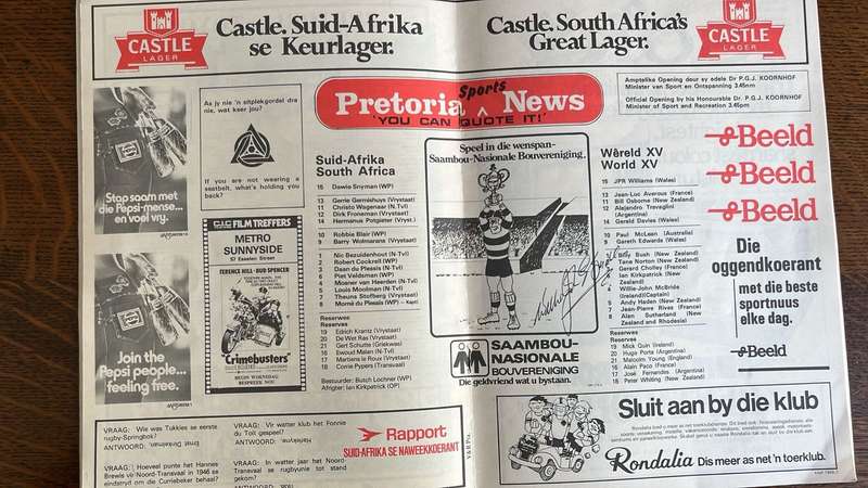 1977 South Africa vs World XV At Loftus Versveld Signed Programme, details below
