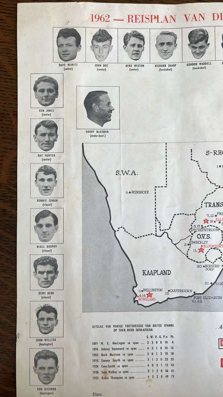 1962 British Lions Tour to South Africa Itinerary, details below