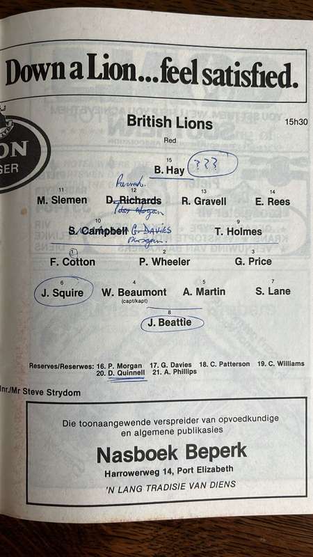 1980 British Lions vs Eastern Province at Boet Erasmus Stadium Programme, details below