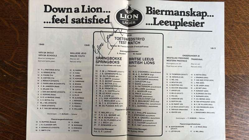 1980 Springboks vs British Lions, 1st test at Newlands Signed Programme, details below