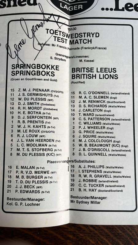 1980 Springboks vs British Lions, 1st test at Newlands Signed Programme, details below