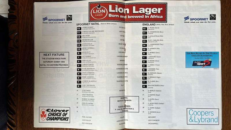 1994 Natal vs England at Kings Park Programme, details below
