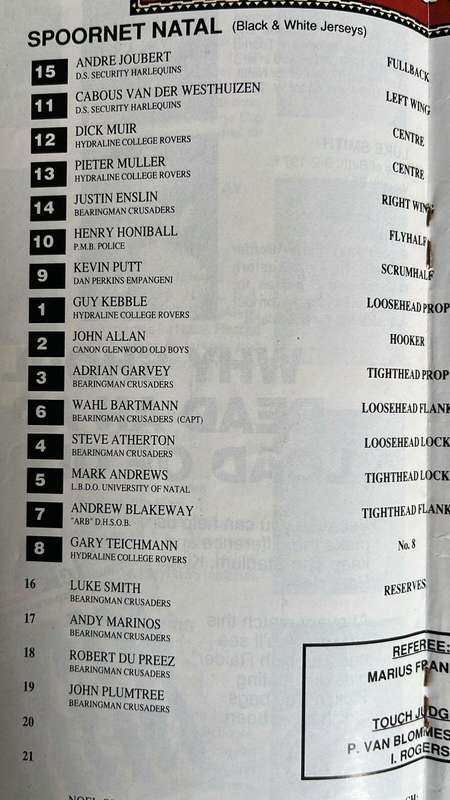 1994 Natal vs England at Kings Park Programme, details below