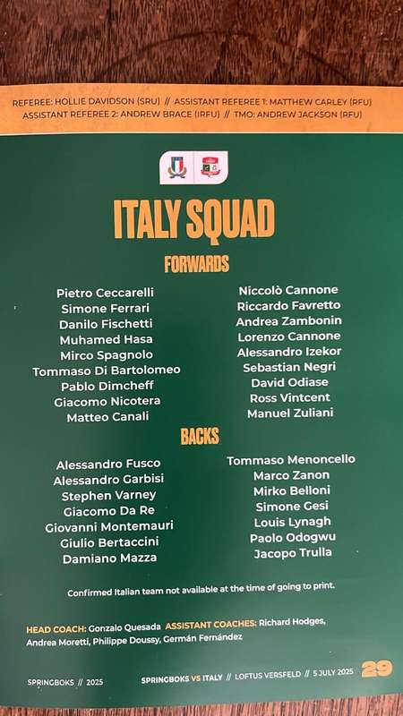 July 2025 Springboks vs Italy at Loftus Programme, details below