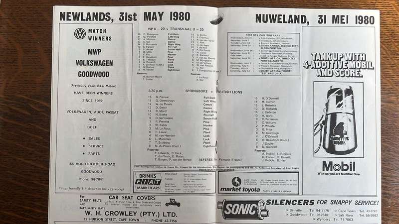 1980 1st Test Springboks vs Lions at Newlands Baumgarten Programme & Itinerary Card, details below