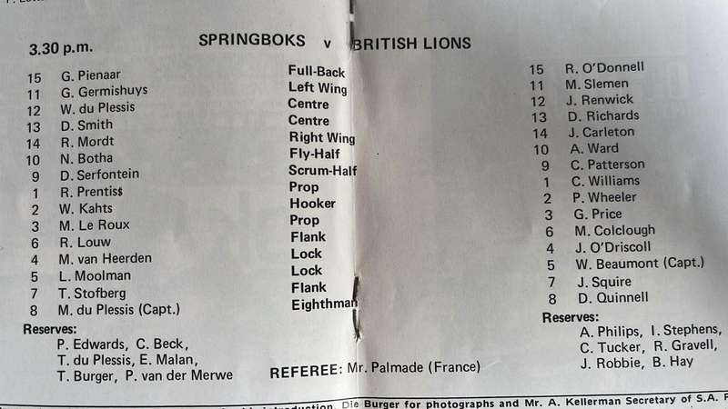 1980 1st Test Springboks vs Lions at Newlands Baumgarten Programme & Itinerary Card, details below