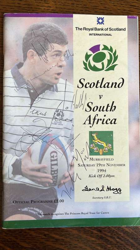 1994 Scotland vs South Africa at Murrayfield Programme & Dinner Menu, Signed, details below