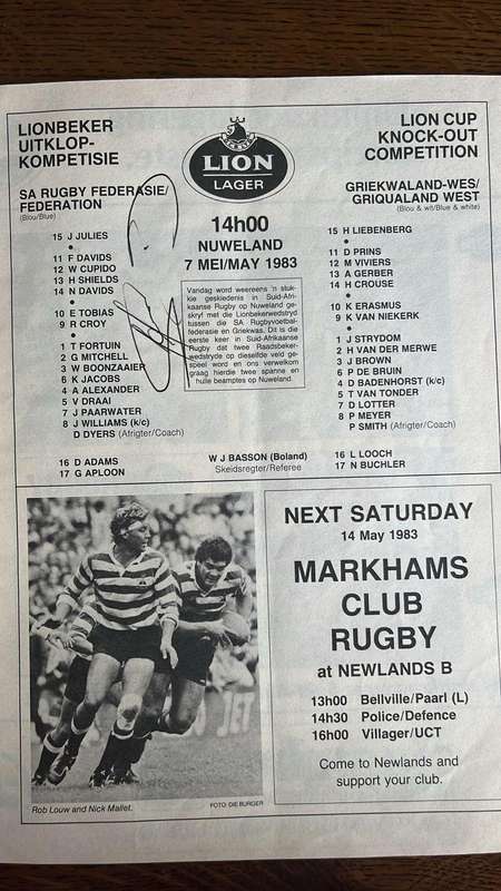 1983 Currie Cup & Lion Cup Competition Games at Newlands, Signed Programme, details below