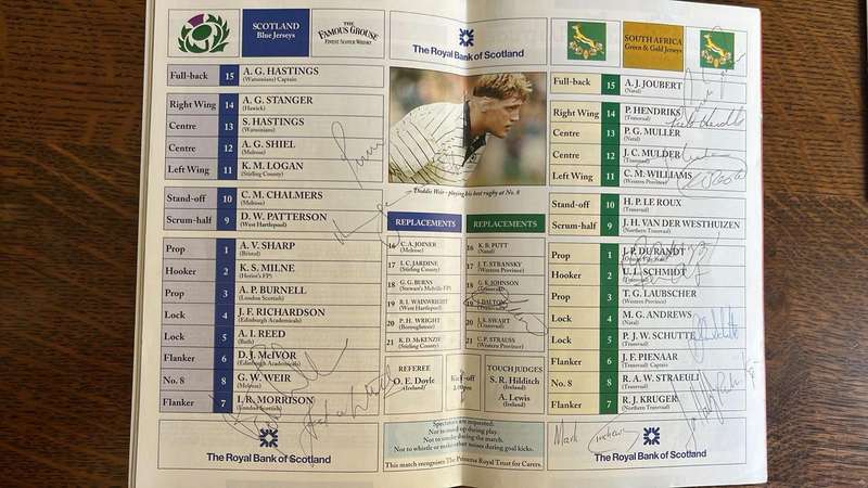1994 Scotland vs South Africa at Murrayfield Programme & Dinner Menu, Signed, details below