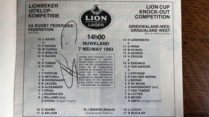 1983 Currie Cup & Lion Cup Competition Games at Newlands, Signed Programme, details below