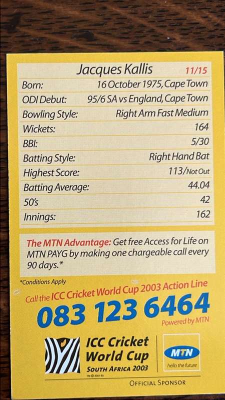 2003 ICC Cricket World Cup Cards (15), details below