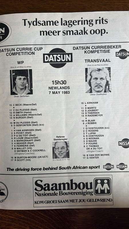 1983 Currie Cup & Lion Cup Competition Games at Newlands, Signed Programme, details below