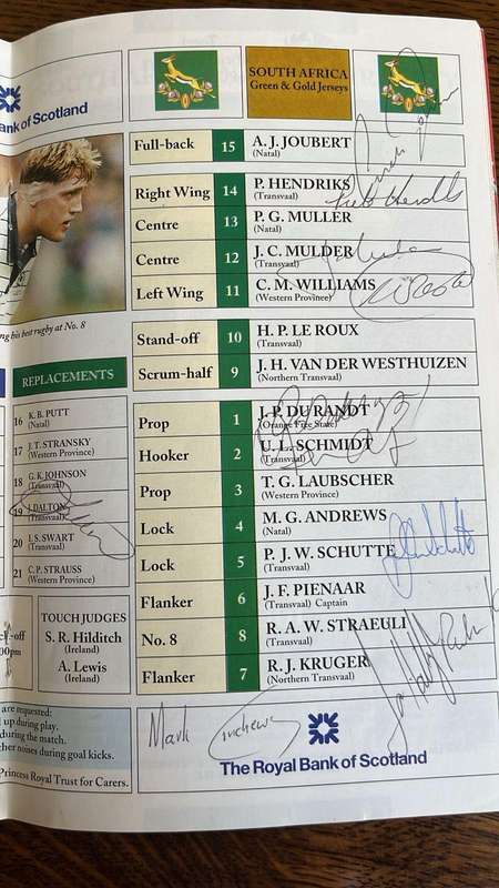 1994 Scotland vs South Africa at Murrayfield Programme & Dinner Menu, Signed, details below