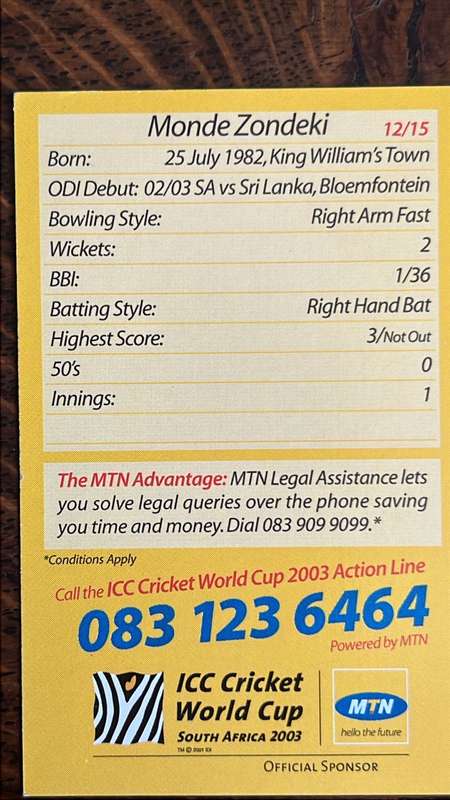 2003 ICC Cricket World Cup Cards (15), details below