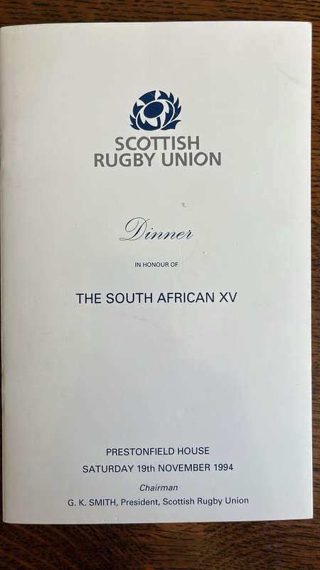 1994 Scotland vs South Africa at Murrayfield Programme & Dinner Menu, Signed, details below
