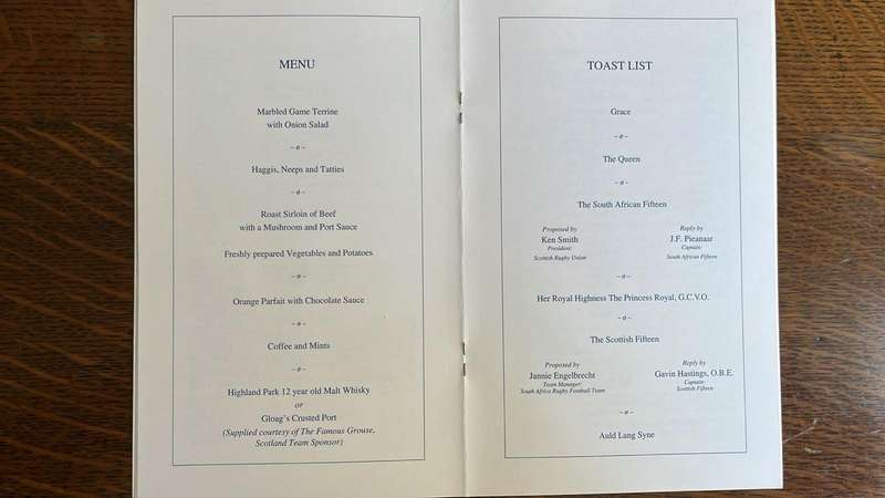 1994 Scotland vs South Africa at Murrayfield Programme & Dinner Menu, Signed, details below