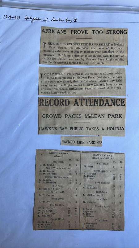 From Dai Williams Collection - 1937 Springboks Australasian Tour Scrapbook, details below