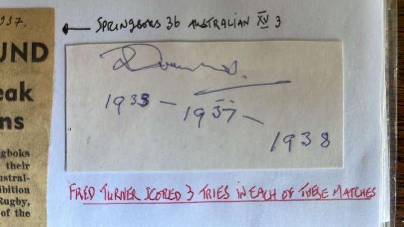 From Dai Williams Collection - 1937 Springboks Australasian Tour Scrapbook, details below