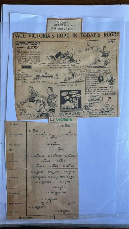 From Dai Williams Collection - 1937 Springboks Australasian Tour Scrapbook, details below
