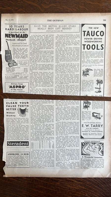 1938 British Lions Tour The Outspan Newspaper Articles, details below