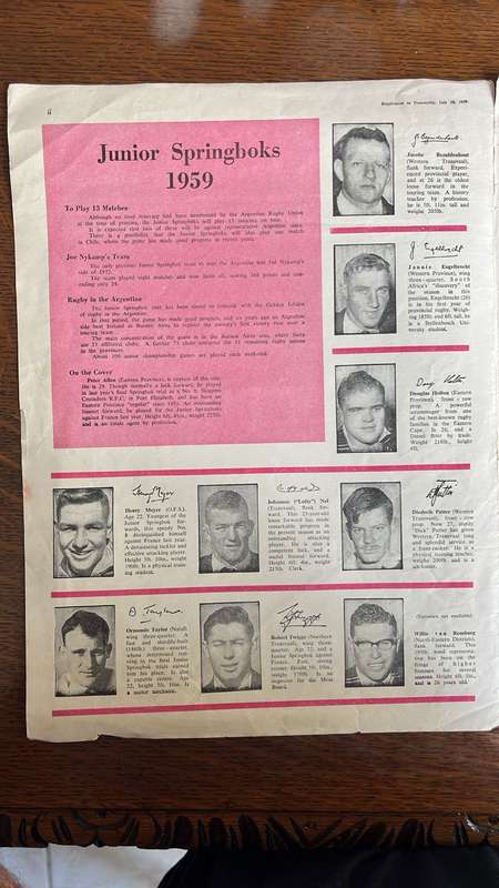 1959 Junior Springboks Souvenir Album, details below