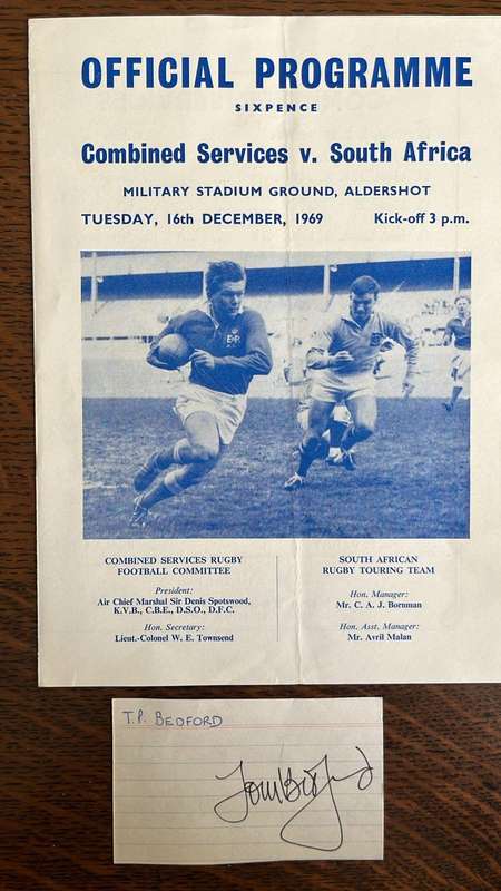 1969 Combined Services vs South Africa at Aldershot Programme & Original Signature, details below