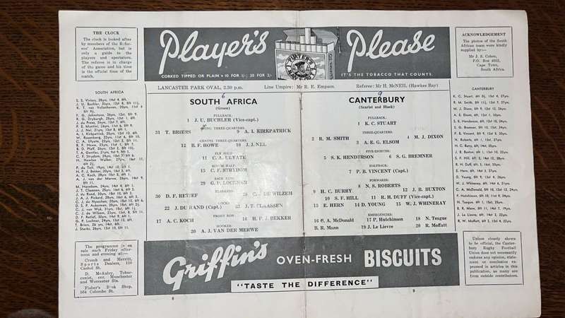 1956 South Africa vs Canterbury Programme, details below