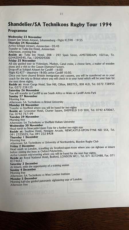 1994 European Tour by SA Technikon Brochure & Springbok Pin, details below