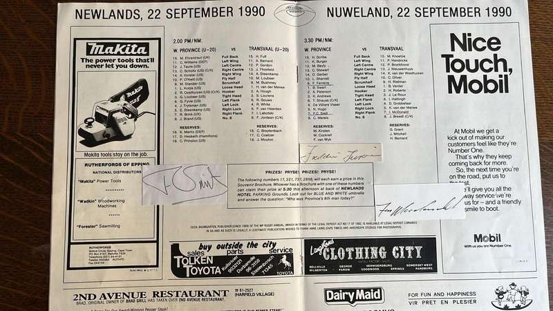 1990 Western Province vs Transvaal at Newlands Baumgarten Signed Programme, details below
