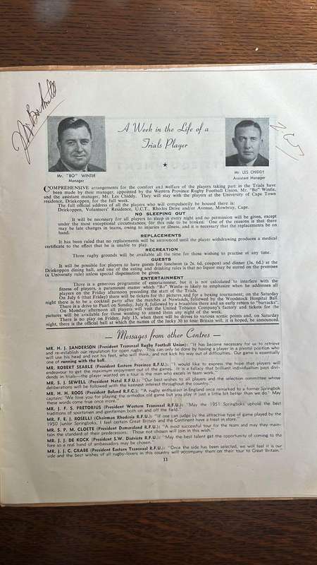 1951 Springbok Rugby Trials at Newlands Souvenir Programme, Signed Pen Pictures, details below