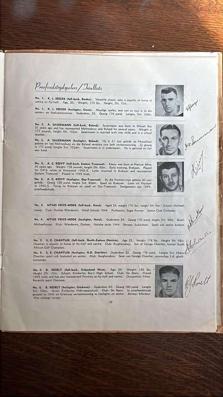1951 Springbok Rugby Trials at Newlands Souvenir Programme, Signed Pen Pictures, details below