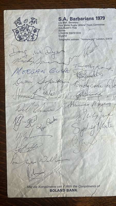 1979 South African Barbarians 1st Mixed Race Squad International Tour Ephemera, details below