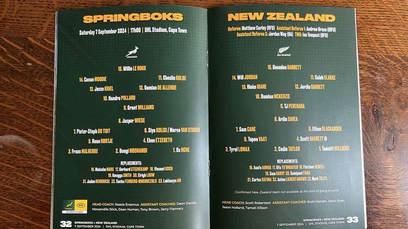 2024 Rugby Championship - Springboks vs All Blacks - 2 Games, 2 Programmes, 1 Price, details below