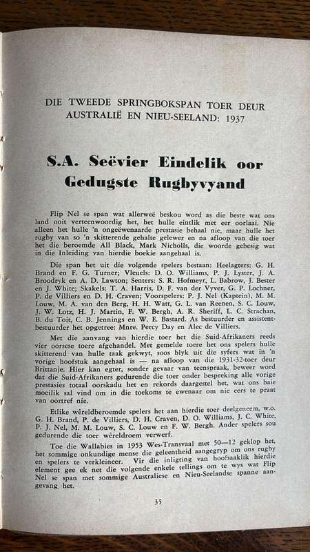 1891-1953 'n Kort Geskiedenis van Springbok Rugby, Signed, details below